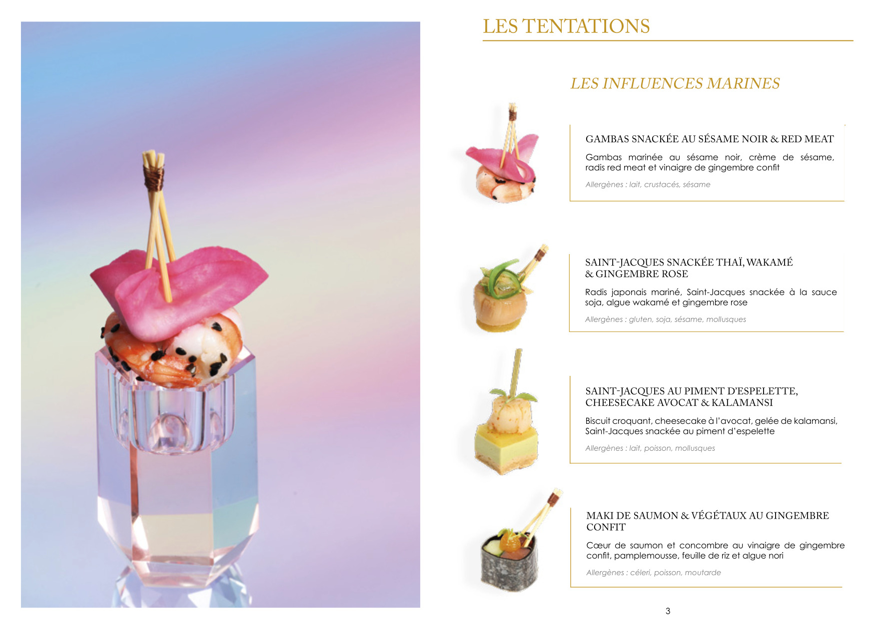 Une page de menu colorée avec, à gauche, un verre en cristal contenant une brochette de crevettes et une garniture rose et, à droite, une liste de plats à base de fruits de mer avec de petites images et des descriptions.
