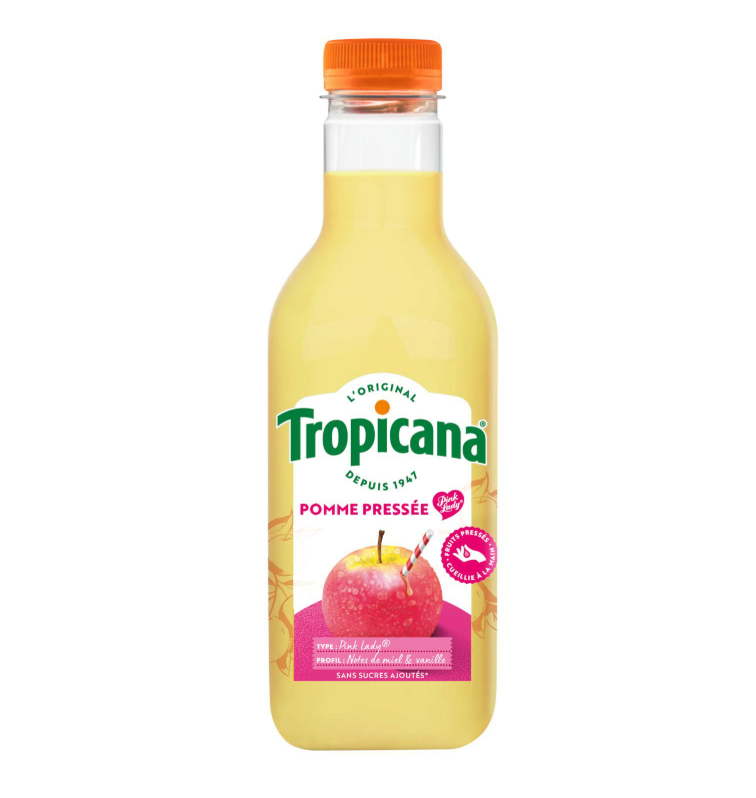 Une bouteille de 1 litre de Jus de Pomme Douce Tropicana avec un bouchon orange, une étiquette représentant une pomme rouge et un texte en français indiquant qu'il s'agit d'un jus de pomme original et non sucré.