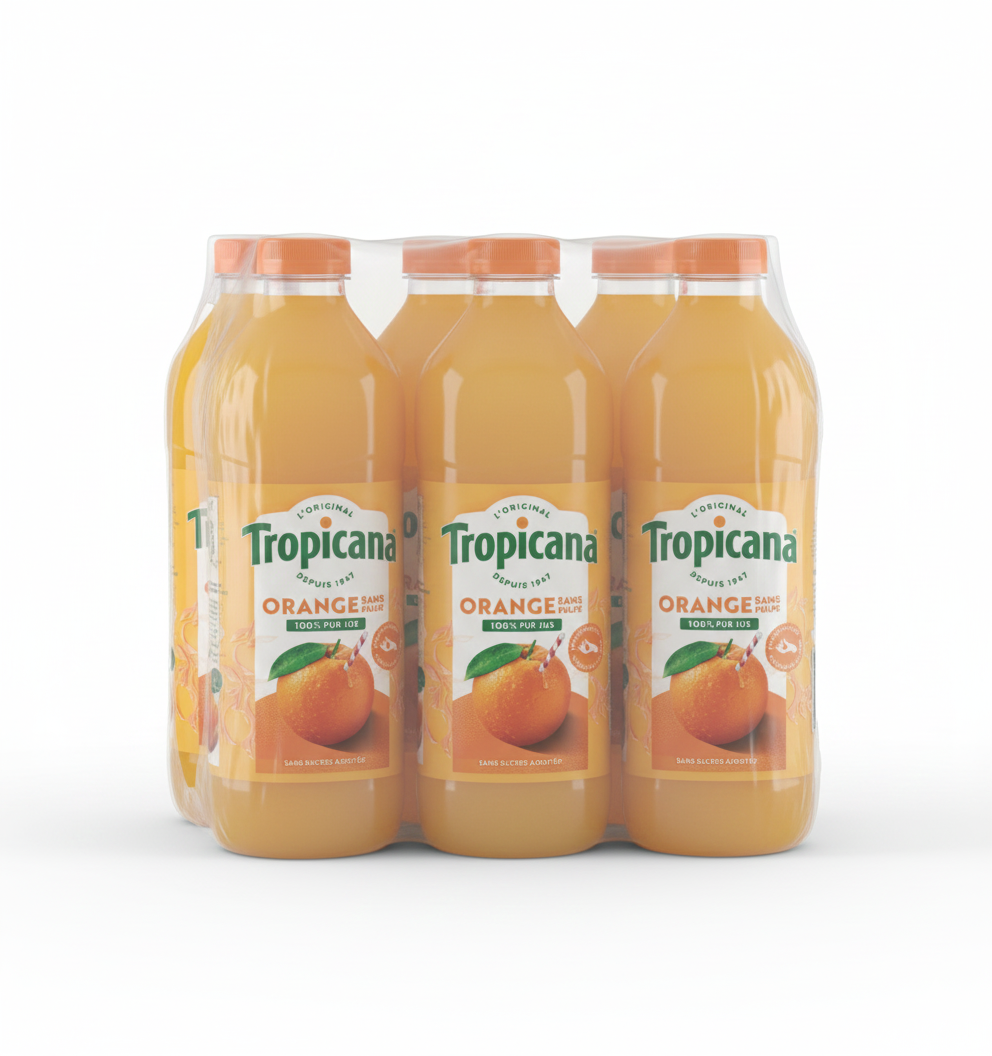 Quatre bouteilles de 1 litre de JUS D'ORANGE TROPICANA, emballées ensemble dans du plastique transparent. Chaque étiquette présente des oranges et mentionne "100% jus d'orange" et "sans sucre ajouté".