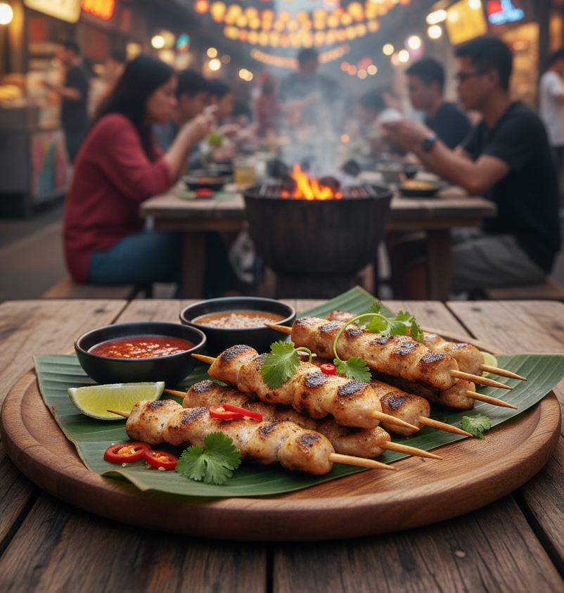 BROCHETTE DE POULET A LA PLANCHA (Barquette de 10 pièces), grillée et servie sur une feuille de bananier avec des sauces à tremper. À déguster dans l'ambiance animée d'un marché alimentaire en plein air, éclairé par des lanternes.