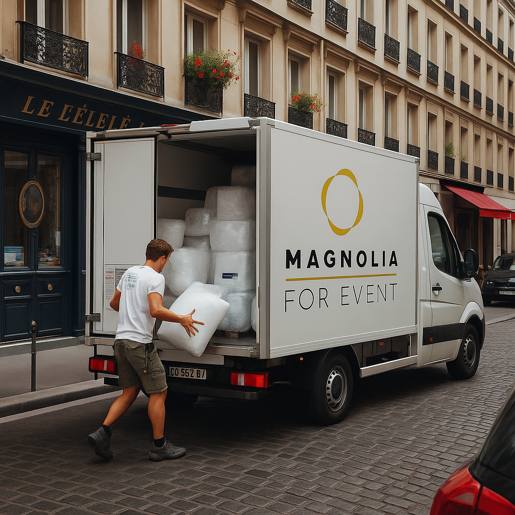 Un homme charge de grands sacs SAC DE GLACONS DE 20 KG dans une camionnette de livraison blanche Magnolia For Event dans une rue pavée d'une ville à l'architecture européenne classique.