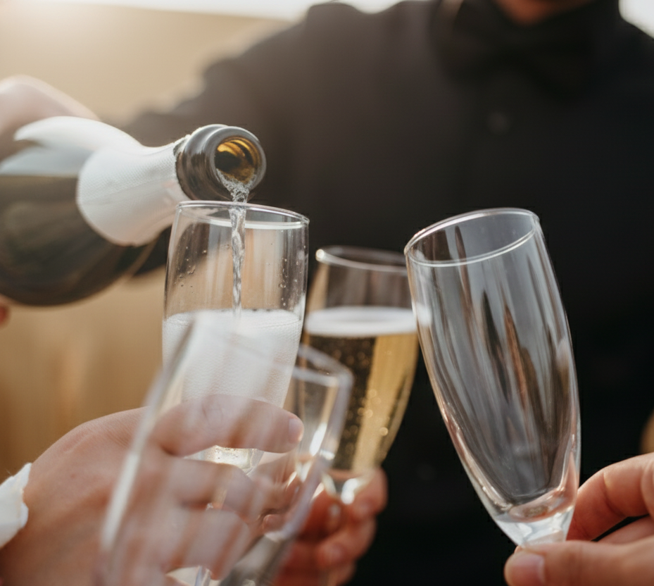Gros plan de mains tenant des coupes de champagne BARMAN HEURE SUPPLEMENTAIRE alors que du vin mousseux est versé, avec des personnes habillées de manière formelle en arrière-plan, capturant un toast festif.