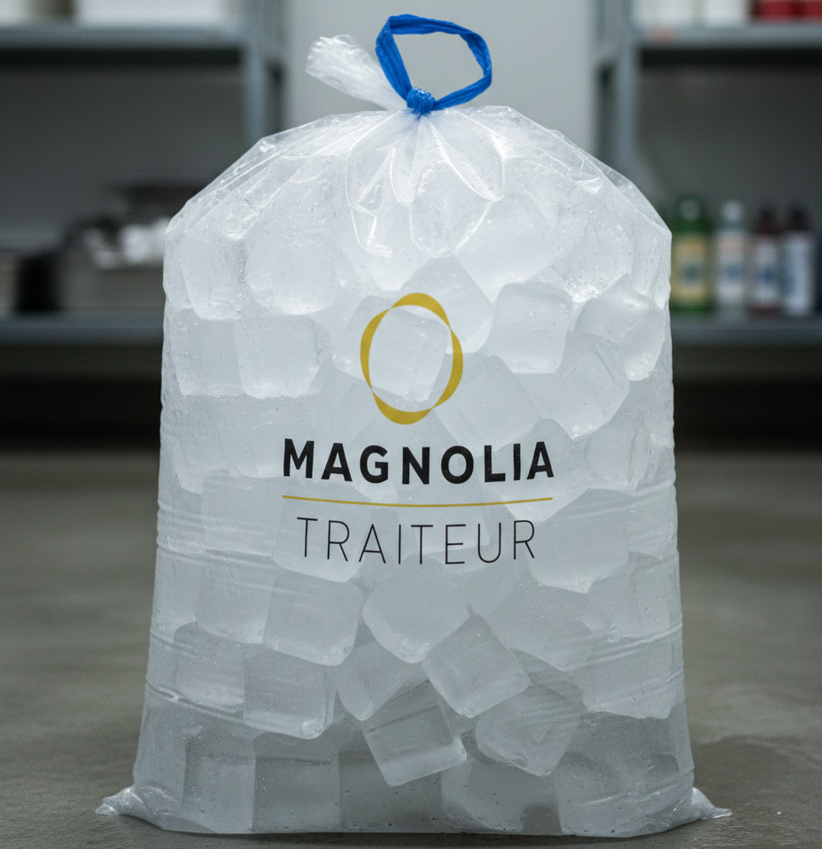 A SAC DE GLACONS DE 20 KG (Pour remplir la vasque et refroidir les bouteilles), un sac transparent de glaçons étiqueté Magnolia Traiteur, est posé à la verticale sur un sol gris, avec des étagères et des conteneurs flous en arrière-plan.