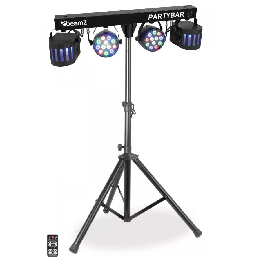 Le DJ PROFESSIONNEL AVEC SONO & LUMIERES est un bar de fête à LED noir avec quatre lumières multicolores sur un trépied. L'installation comprend une petite télécommande visible près de la base.