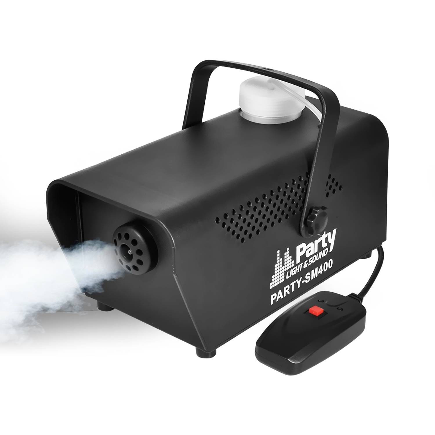 Une machine à fumée noire étiquetée DJ PROFESSIONNEL AVEC SONO & LUMIERES émet un brouillard blanc à partir de sa buse frontale. Elle est équipée d'une poignée supérieure et d'une télécommande filaire.
