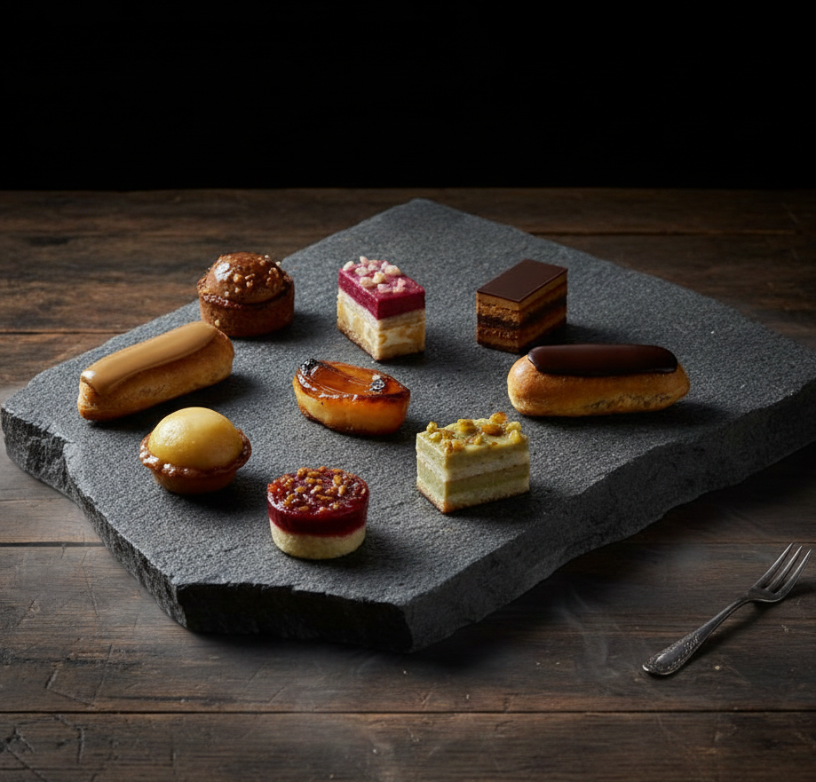 Le GRAND COCKTAIL MAGNOLIA, notre "MEILLEUR" assortiment de 22 mini gâteries sucrées et salées, est joliment disposé sur un plateau en pierre foncée sur une table en bois rustique, avec une fourchette à côté.