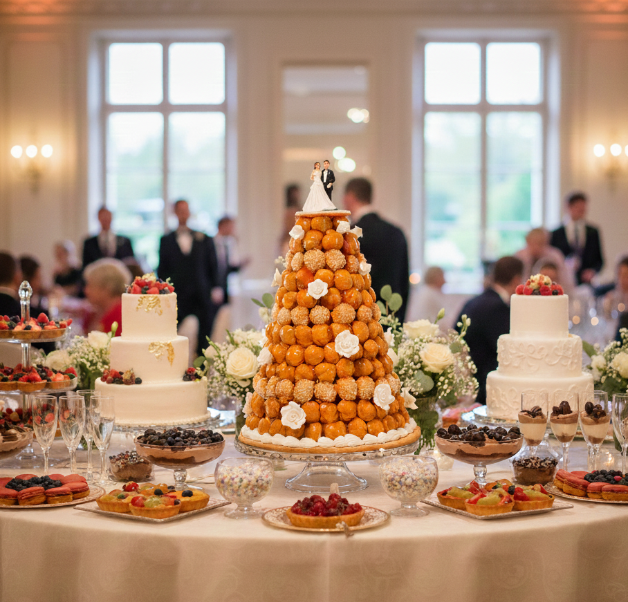 La table des desserts d'un événement officiel présente la PIÉCE MONTÉE CROQUEMBOUCHE 120 CHOUX, ornée d'un décor de mariés, entourée de gâteaux et de tartes, de fleurs, de verres et d'invités élégamment vêtus dans une pièce lumineuse.