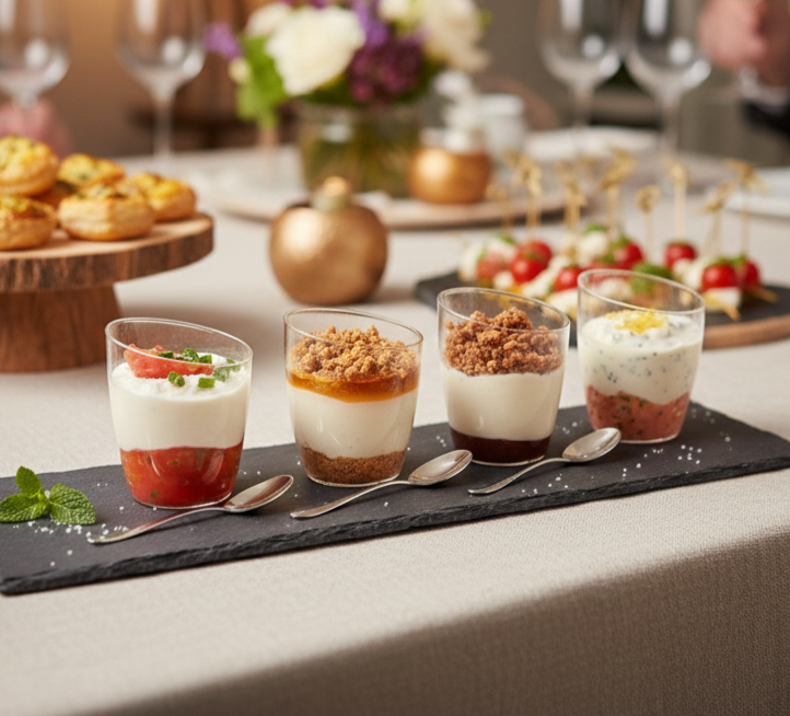 Un plateau en ardoise présente quatre desserts superposés GRAND COCKTAIL MAGNOLIA avec des garnitures assorties et des petites cuillères, tandis que d'autres amuse-gueules et verres à vin de la sélection sucrée et salée de 22 pièces sont disposés sur une nappe beige à l'arrière-plan.