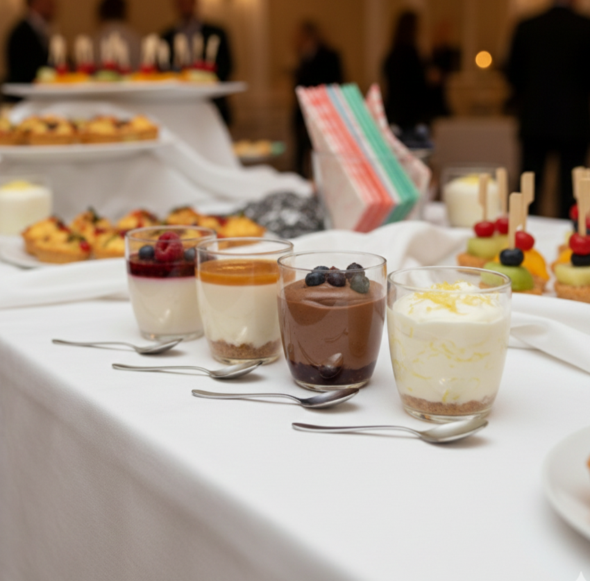 Une rangée de parfaits GRAND COCKTAIL MAGNOLIA (Notre "BEST" 22 pièces salées et sucrées) dans des coupes en verre avec des cuillères est disposée sur une nappe blanche à un buffet, avec d'autres desserts et des invités flous à l'arrière-plan.