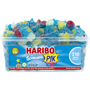 Un pot en plastique de 1 kg de LES SCHTROUMPFS PIK, avec une étiquette bleue représentant des Schtroumpfs en dessin animé et environ 210 bonbons gélifiés acidulés à l'intérieur.