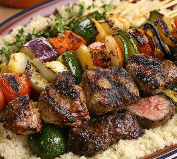 GRILLADES DE COUSCOUS : Brochettes de bœuf grillé avec tomates, oignons, poivrons et courgettes servies sur un couscous moelleux, agrémenté d'herbes fraîches.