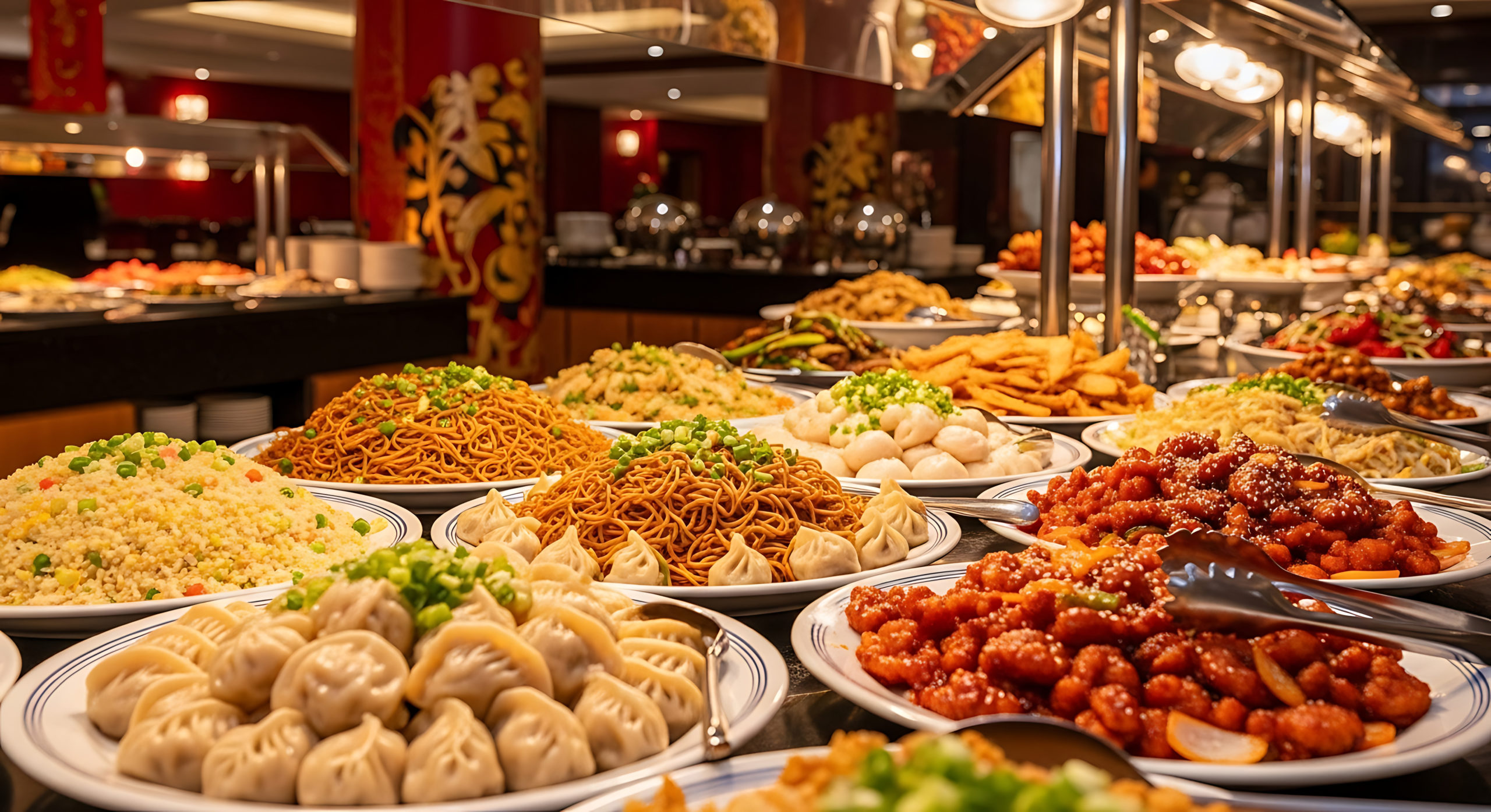 Un buffet composé de plats asiatiques assortis, dont le RIZ BLANC CHINOIS (200g/pers), des dumplings, des nouilles, des aliments frits et du poulet en sauce, le tout soigneusement disposé sur des assiettes sous des lumières chaudes.
