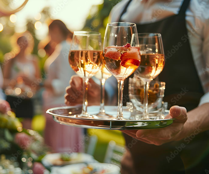 Lors d'un événement en plein air, un serveur offre des verres de rosé de OPEN BAR VINS & CHAMPAGNES (Ne payez que ce que vous consommerez), chacun garni de fruits, tandis que les invités se mêlent autour des tables dans l'arrière-plan flou.
