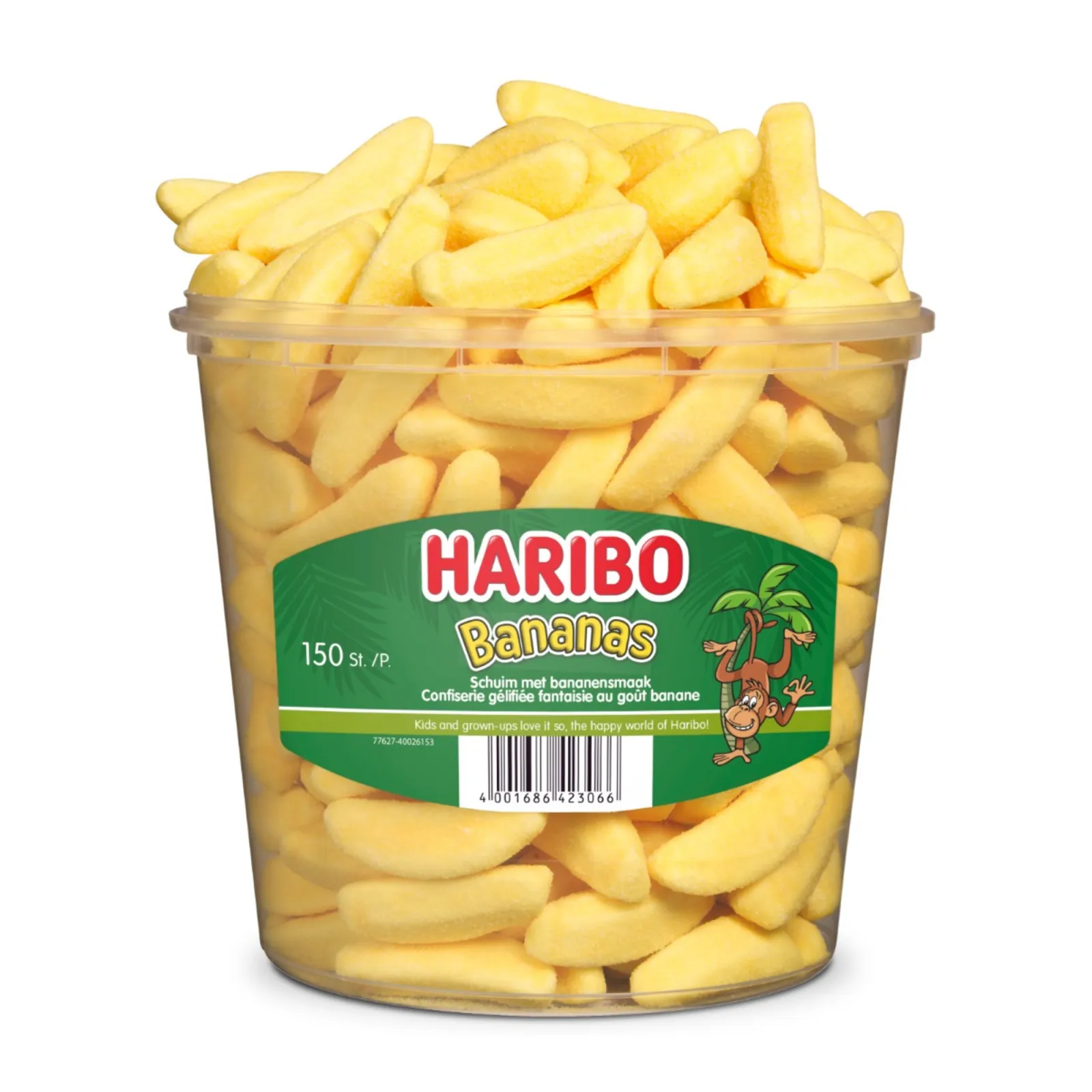 Une barquette en plastique transparent de BANAN'S (1 kg) contient 150 bonbons jaunes en forme de banane. L'étiquette représente des bananiers et des animaux de la jungle et porte la mention "Bananes HARIBO".