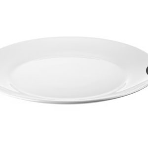 L'assiette GRANDE ASSIETTE BLANCHE 25 cm est une assiette en céramique blanche, ronde et simple, présentée sur un fond blanc dans une perspective légèrement inclinée.