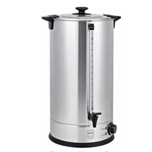Le BOUILLOIRE & DISTRIBUTEUR DE VIN CHAUD est une grande urne électrique en acier inoxydable avec des poignées latérales, un couvercle, une jauge de niveau d'eau visible et des boutons de commande à la base pour chauffer ou distribuer des boissons chaudes.