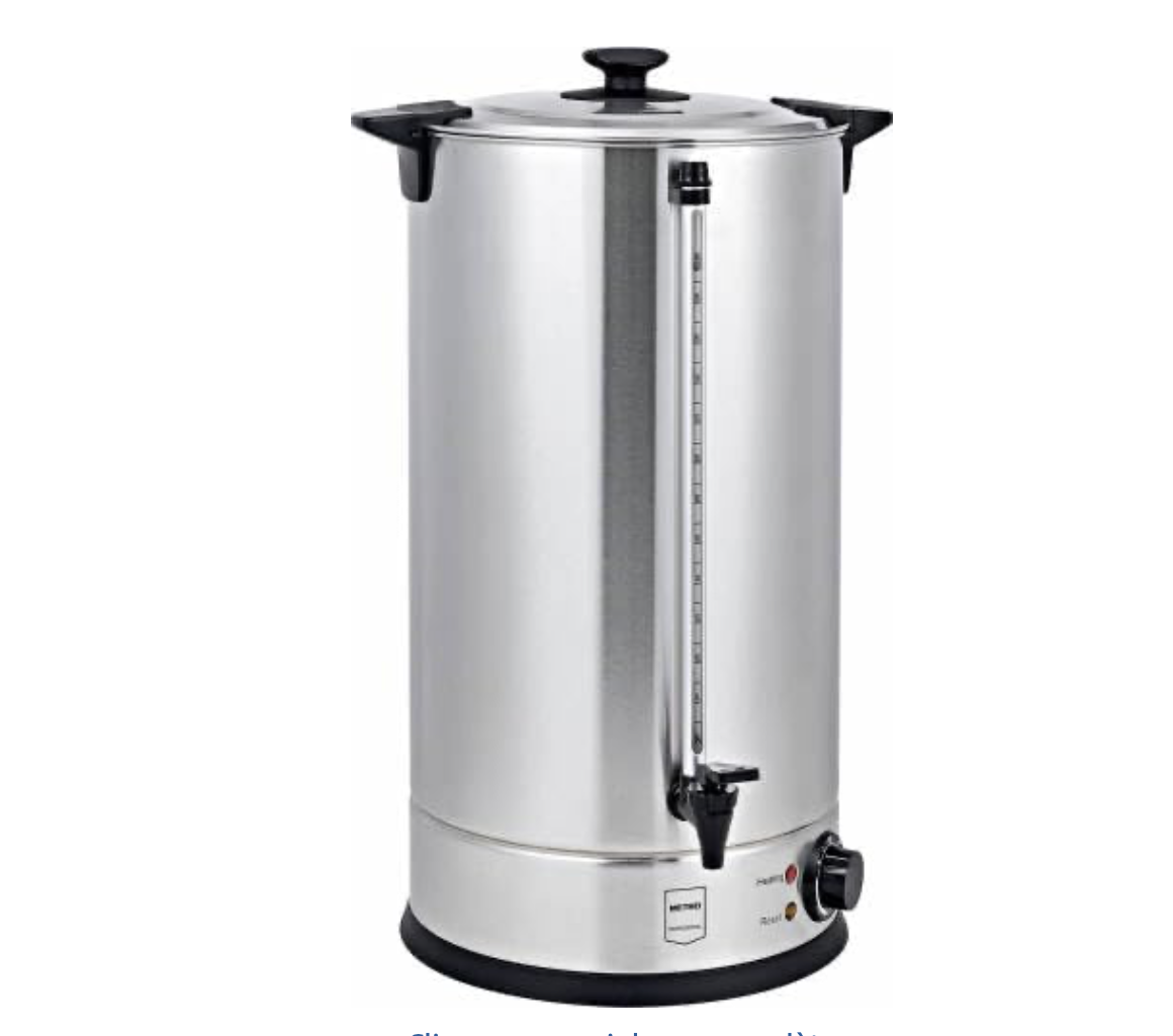 Le BOUILLOIRE & DISTRIBUTEUR DE VIN CHAUD est une grande urne électrique en acier inoxydable avec des poignées latérales, un couvercle, une jauge de niveau d'eau visible et des boutons de commande à la base pour chauffer ou distribuer des boissons chaudes.