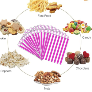Un diagramme circulaire présente six types d'en-cas - fast food, bonbons, chocolat, noix, pop-corn et biscuits - centrés autour d'un SAC À BONBONS de 12,7 cm x 17,8 cm (multi-usages) en papier rayé rose et blanc.