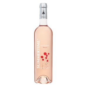 Une bouteille transparente de 75cl de SUMMERTIME BY LA GORDONNE BIO ROSÉ avec un bouchon argenté présente un design minimaliste, des fleurs de coquelicots rouges et le texte "Pinot Noir" sur le devant.