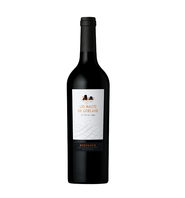 Une bouteille de 75cl de BORDEAUX ROUGE AOP LES HAUTS DE GOELANE avec un corps en verre foncé, une capsule noire et une étiquette blanche avec un texte en or et noir.