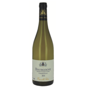 Une bouteille de 75cl de BOURGOGNE CHARDONNAY (vin blanc) se tient debout sur un fond blanc, avec une étiquette de couleur crème avec des détails dorés.