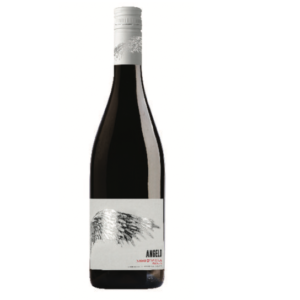 Une bouteille de NERO D'AVOLA DOC 75cl (vin italien) avec un bouchon blanc et une étiquette montrant une illustration artistique d'aile et "ANGELO" en rouge en bas à droite. Le fond est blanc uni.