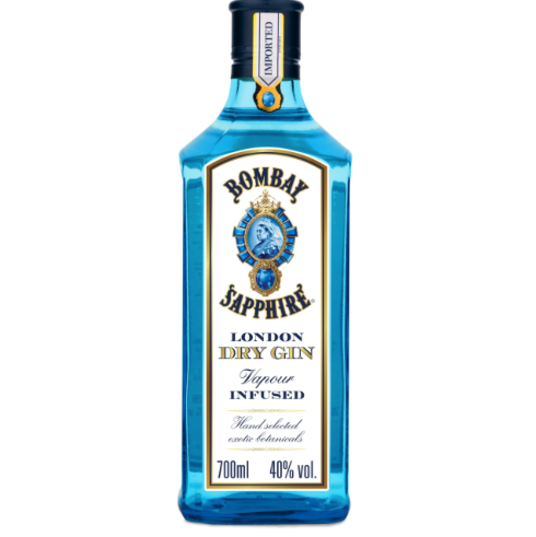 Une bouteille de 700 ml de GIN BOMBAY SAPPHIRE 40° avec une couleur bleue caractéristique, une étiquette blanche et des accents dorés et bleus.