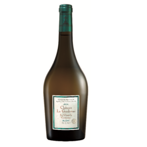 Une bouteille de CHATEAU LA GORDONNE LA CHAPELLE GORDONNE BLANC 75CL avec une capsule verte et une étiquette vert clair et blanche, présentée sur un fond transparent.
