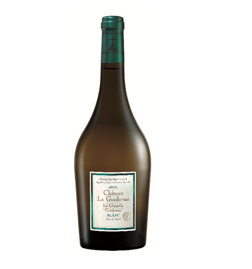 Une bouteille de CHATEAU LA GORDONNE LA CHAPELLE GORDONNE BLANC 75CL avec une capsule verte et une étiquette vert clair et blanche, présentée sur un fond transparent.