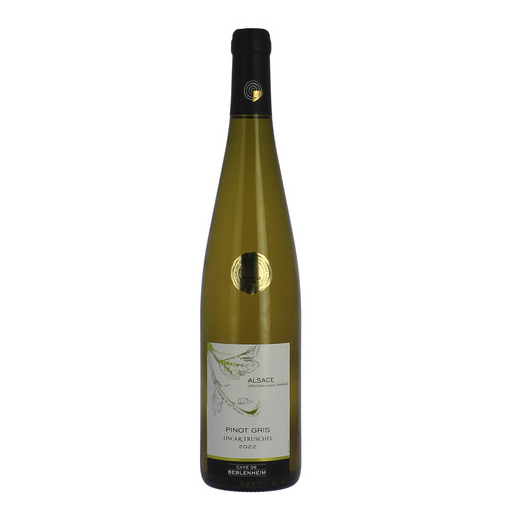 Une bouteille de PINOT GRIS MEDAILLÉ ARGENT AOC 75cl, haute et élancée, avec un sceau doré, un bouchon noir et une étiquette minimaliste blanc-vert, se tient debout sur un fond blanc uni.