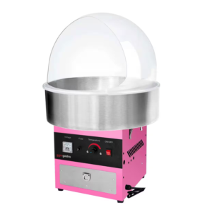 La MACHINE À BARBE À PAPA est une machine à barbe à papa rose et argentée dotée d'un couvercle transparent, de cadrans de contrôle, d'interrupteurs et d'un cordon d'alimentation à la base.