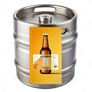 Un tonneau de bière en métal étiqueté "FÛT DE BIÈRE BLONDE 5° 30L (Bière artisanale bouledogue)" avec une illustration de chien proéminente et un fond jaune sur le devant.