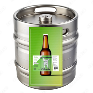 Fût de bière en métal avec une étiquette verte comportant une bouteille brune, un bouledogue illustré et le texte "FÛT DE BIÈRE BLANCHE 5,5° 30L (Bière artisanale Bouledogue)" en blanc.