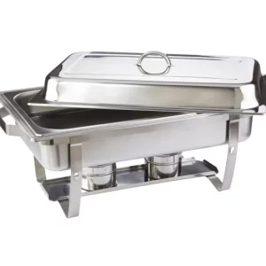 Le DECORATION BUFFET AMBIANCE ANTILLAISE est un chafing dish en acier inoxydable avec un couvercle légèrement ouvert, une casserole rectangulaire et des porte-combustibles en dessous, idéal pour maintenir les aliments au chaud lors d'événements ou de buffets.