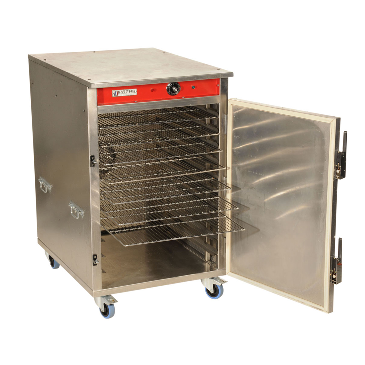 L'ETUVE 10 NIVEAUX est un déshydrateur alimentaire en acier inoxydable avec une porte ouverte, présentant plusieurs grilles à l'intérieur et des roulettes bleues pour faciliter la mobilité.