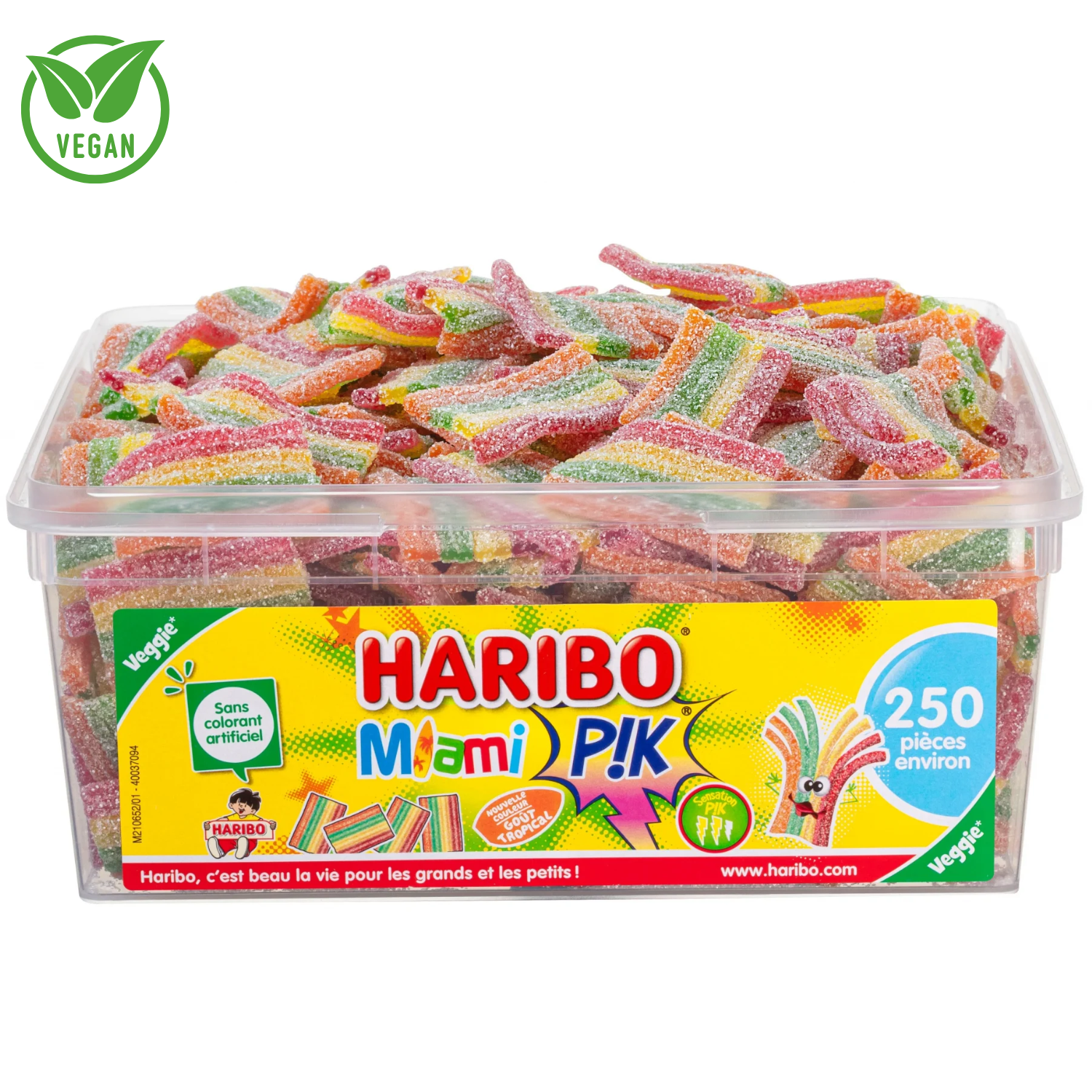 Une barquette en plastique de 1 kg de bonbons Haribo MIAMI PIK vegan, portant le logo Haribo sur l'étiquette et contenant environ 250 morceaux colorés et enrobés de sucre.