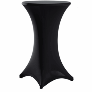 A NAPPE NOIRE POUR MANGE DEBOUT HAUT recouvre une table de cocktail haute et ronde, offrant un aspect ajusté pour un style épuré et moderne.
