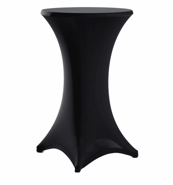 A NAPPE NOIRE POUR MANGE DEBOUT HAUT recouvre une table de cocktail haute et ronde, offrant un aspect ajusté pour un style épuré et moderne.