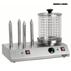 La MACHINE À HOT-DOGS est un cuiseur à vapeur en acier inoxydable doté de quatre pointes verticales pour réchauffer les petits pains, d'un récipient cylindrique en verre avec couvercle pour cuire les hot-dogs à la vapeur et de boutons de commande sur le panneau avant.
