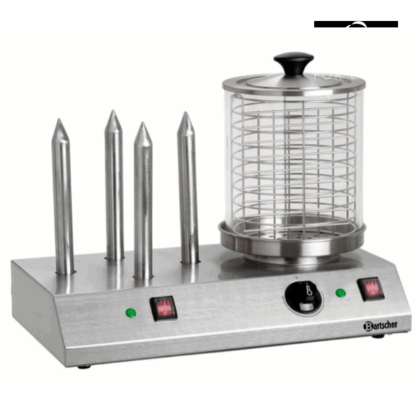 La MACHINE À HOT-DOGS est un cuiseur à vapeur en acier inoxydable doté de quatre pointes verticales pour réchauffer les petits pains, d'un récipient cylindrique en verre avec couvercle pour cuire les hot-dogs à la vapeur et de boutons de commande sur le panneau avant.