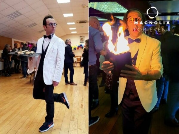 Image fractionnée : À gauche, un membre du DUO DE FAUX SERVEURS MAGICIENS, vêtu d'une veste blanche, assure le service lors d'un événement formel ; à droite, le même artiste présente un menu enflammé lors d'une fête animée.