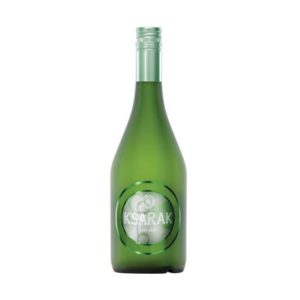 Une bouteille en verre vert de 1 litre d'ARAK avec un bouchon à vis argenté et une étiquette frontale ronde portant le nom de la marque en lettres blanches.
