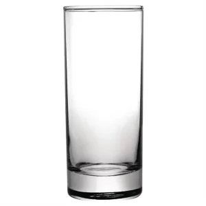 Un verre cylindrique transparent et vide du RACK DE 36 TUMBLERS EN VERRE se tient debout sur un fond blanc uni.