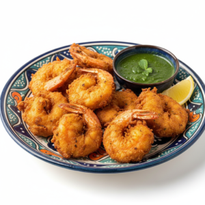 Une assiette vibrante de CREVETTE PAKORA (200 g) présente des crevettes frites dorées avec une sauce verte, un quartier de citron et une garniture de feuilles de menthe, joliment disposées sur un plat décoratif sur fond blanc.