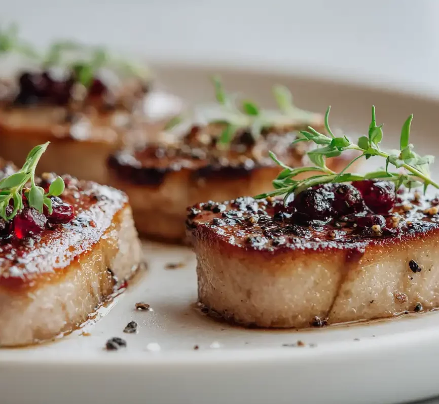 Gros plan sur le FOIE GRAS POËLLÉ SUR BRIOCHE ET CHUTNEY D'OIGNONS CARAMÉLISÉ élégamment présenté, garni d'herbes fraîches et d'un riche chutney d'oignons sur une brioche grillée. Le plat est juteux, parfaitement cuit et magnifiquement présenté.