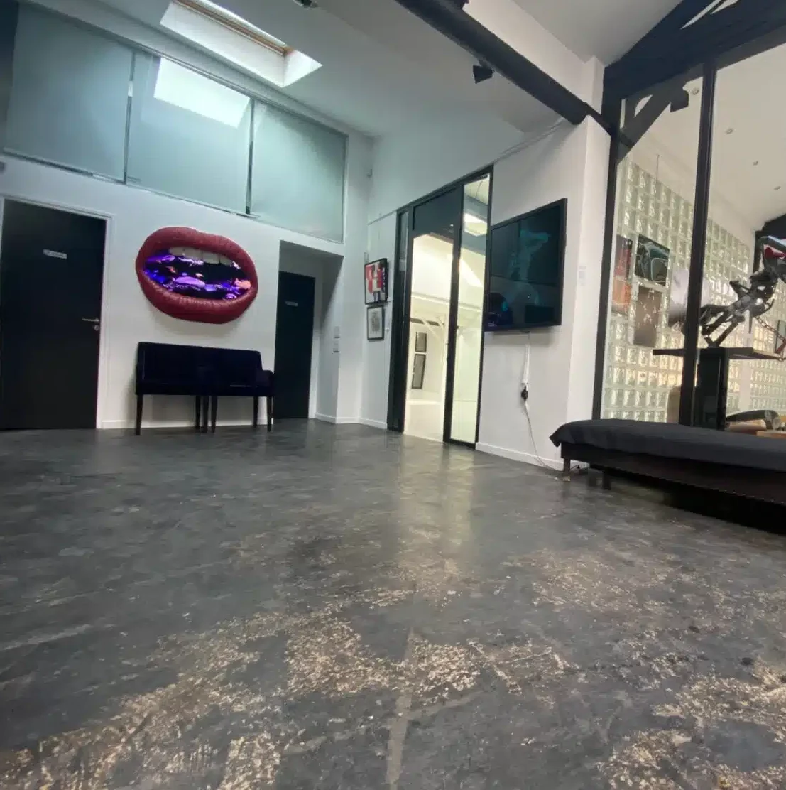 LE LOFT MONTMARTRE (75018) propose une chambre moderne avec des sols sombres, un canapé noir, des murs en verre, une lucarne, des portes noires, une télévision à écran plat et un tableau mural aux lèvres brillantes au-dessus du canapé.