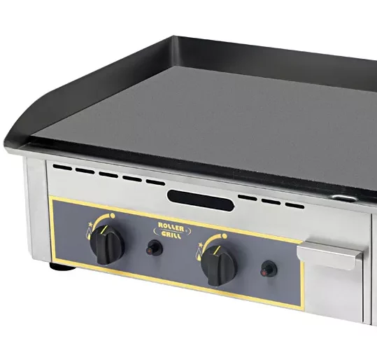LE MATÉRIEL POUR L'ANIMATION BURGERS est une plaque de cuisson électrique en acier inoxydable dotée d'une surface de cuisson noire et plate, de deux boutons de commande et de la marque "Roller Grill" sur le panneau avant.