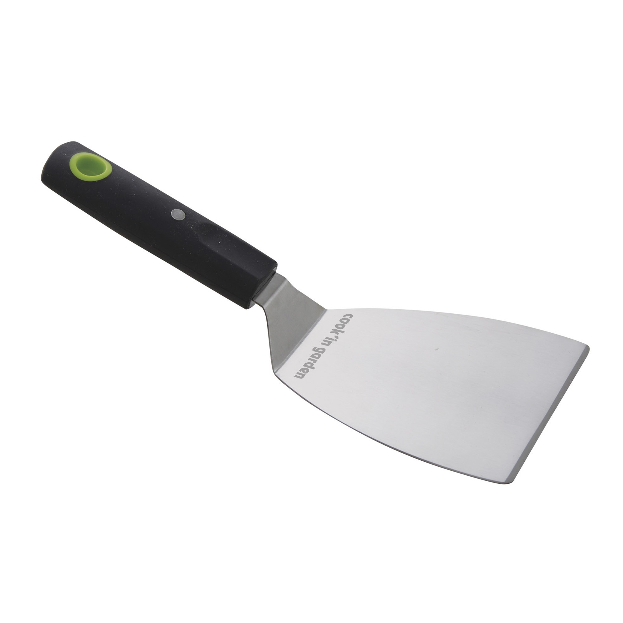 Le MATÉRIEL POUR L'ANIMATION BURGERS est une spatule en métal avec une lame large, plate et rectangulaire et un manche noir avec un accent vert à l'extrémité, représentée sur un fond blanc.