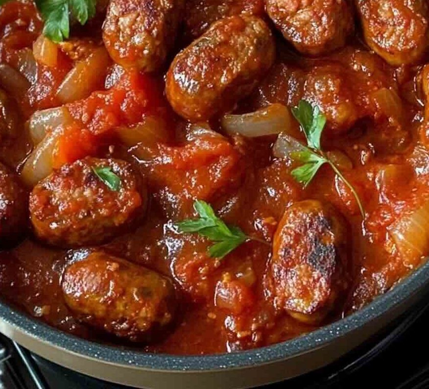 Gros plan sur le BOUDIN AU CRABE (Barquette de 20 pièces, 40g à l'unité) mijotant dans une sauce tomate épaisse avec des oignons, garnie de persil frais dans une poêle.