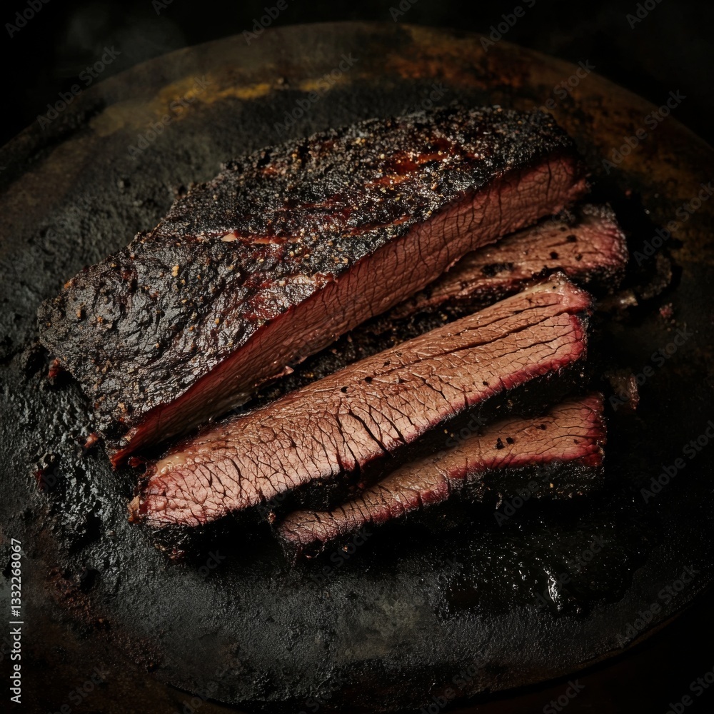 LE BRISKET SIGNATURE PAR STEPHAN "L'art du feu et du temps" présente des tranches de poitrine de bœuf fumé à la croûte sombre et assaisonnée, à la texture juteuse et à l'anneau de fumée visible, élégamment présentées sur une surface noire rustique.